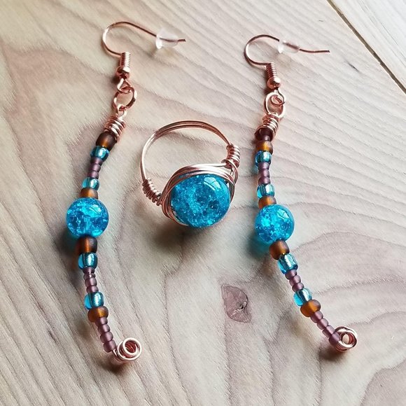 Copper Wire Earrings Rings Turquoise Set - Picture 2 of 10